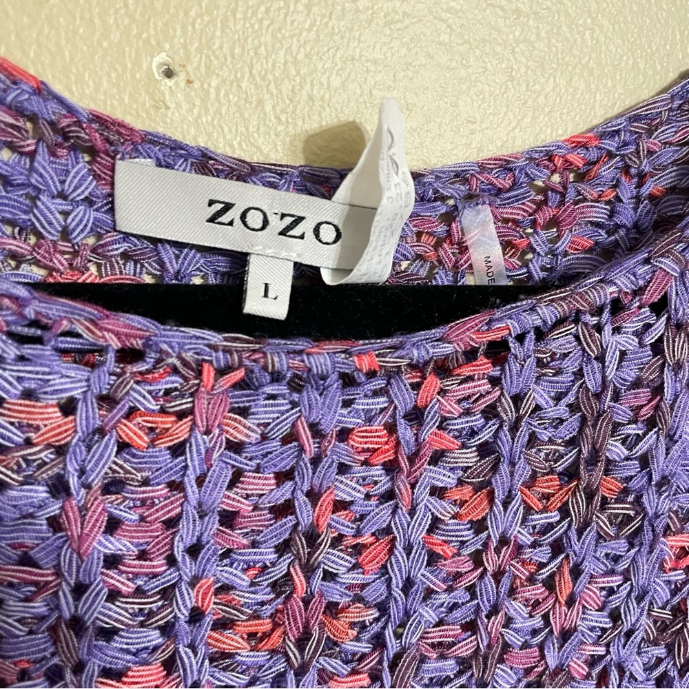 ZOZO open knit crochet multicolor sweater with fringe Pom Pom cuffs‎ size large - Picture 4 of 6